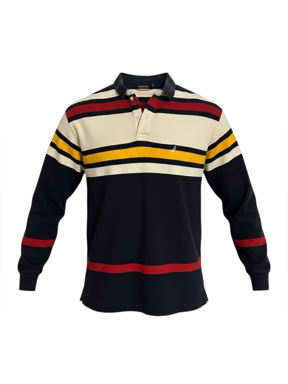 Nautica Men’s L Striped Long Sleeve Rugby Polo Shirt Navy Red Yellow